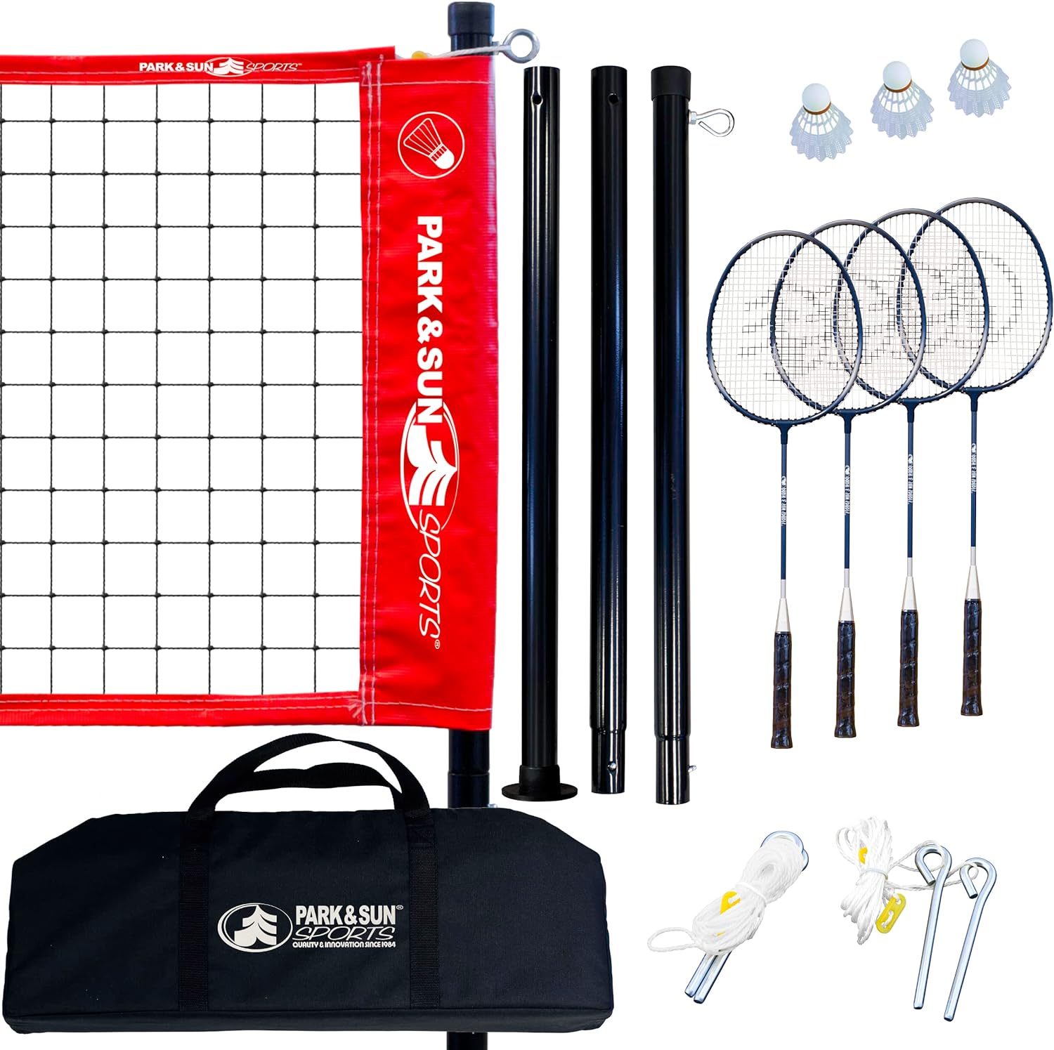 Park & Sun Sports Badminton Sport Set W/ 1" 3Pc Steel Poles 4 Rackets & 3 Shuttlecocks-Park & Sun-Sports Replay - Sports Excellence